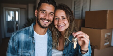 Happy Young Couple Moving Into New Home Carrying Boxes and Holding Keys