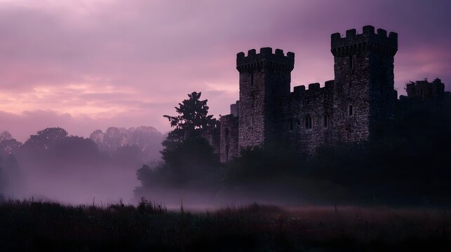 Ethereal stone castle with turrets and battlements at twilight under a hazy purple sky