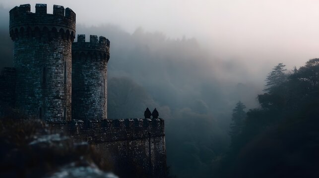 Medieval stone castle with figures on battlements shrouded in twilight fog