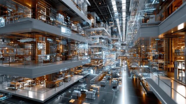 Futuristic City Interior: An awe-inspiring perspective of a meticulously designed, high-tech interior showcasing the innovative convergence of design and technology.