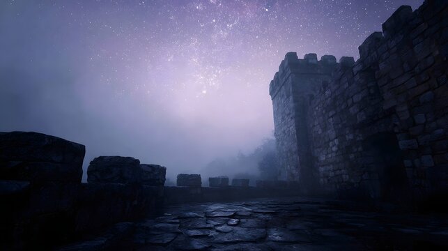 A medieval castle battlement stands beneath a starry misty purple sky creating an atmospheric and mystical scene