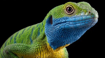 Fototapeta premium Colorful lizard with vibrant green and blue scales, showcasing intricate textures and patterns, positioned against a dark background, highlighting its unique features and natural beauty