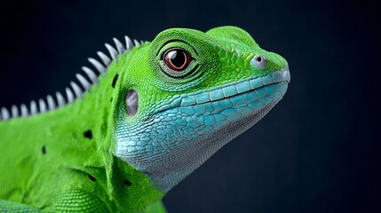 Obraz premium Vibrant green lizard with striking blue accents and textured skin, showcasing intricate details and unique features, perched against a dark background, highlighting its natural beauty and charm