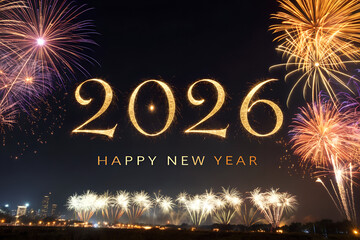 Golden “2026” and “HAPPY NEW YEAR” text over vibrant fireworks and city skyline—grand festive scene capturing excitement, light, and future-forward celebration. generative ai
