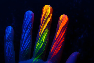 Close up of human hand with glowing ultraviolet neon paint under black light, vibrant multicolor artistic body art concept, fluorescent paint streaks creating futuristic abstract design and modern cre