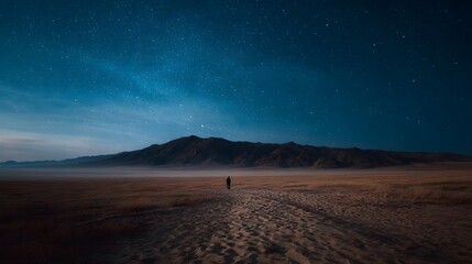 A lone figure walks across a vast desert landscape under a starry night sky with distant mountains silhouetted against the horizon