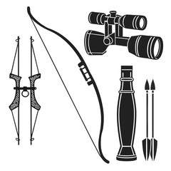 Collection of black silhouette hunting and archery equipment including a bow quiver arrows binoculars and a scope for a rifle or bow for outdoor sport and recreation