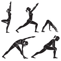 Collection of black silhouettes of women performing various yoga poses demonstrating flexibility strength and balance in a clean white background for fitness and wellness concepts