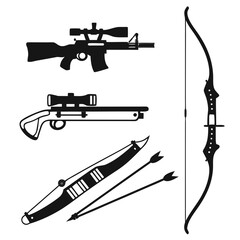 Collection of black silhouette hunting weapons including two rifles with scopes a recurve bow and arrows and a longbow with arrows on a white background