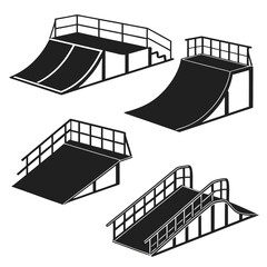 Collection of black silhouette skate park ramps and obstacles for extreme sports and skateboarding isolated on a white background vector illustration