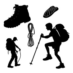 Collection of black silhouettes representing hiking and mountaineering equipment including boots rope and two hikers with backpacks and trekking poles on a white background