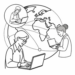 Diverse business professionals collaborating and connecting globally through laptops and digital networks around the world map illustration