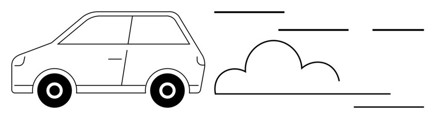 Small car moving swiftly with speed lines and cloud trails to represent motion. Ideal for transportation, travel, automotive, speed, efficiency, eco-friendliness, mobility. Simple flat metaphor