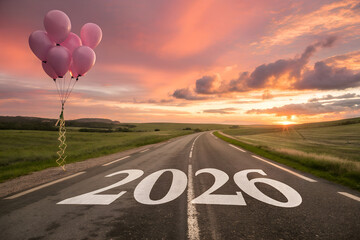 White “2026” painted on road under vibrant sunset with pink balloons—hopeful journey scene blending celebration, aspiration, and future-forward optimism. generative ai