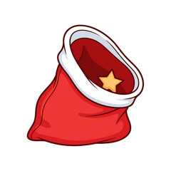 A cartoon illustration of a red santa bag with a white trim and a single yellow star inside it