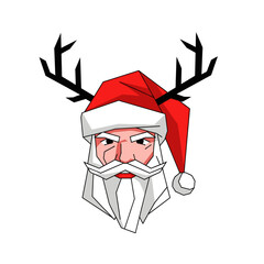 Geometric santa claus head with red hat white beard and black antlers on a white background art