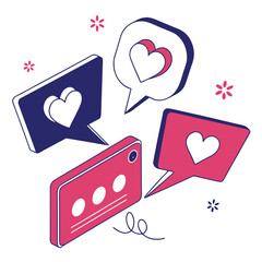 Isometric illustration of a smartphone sending love messages through speech bubbles with hearts and decorative elements