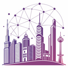 Modern cityscape silhouette featuring a network of interconnected nodes and lines above a vibrant gradient of purple and pink skyscrapers representing global connectivity and smart city concepts