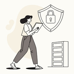 Modern illustration of a woman holding a tablet and interacting with a digital shield icon symbolizing data security and online protection with a filing cabinet in the background