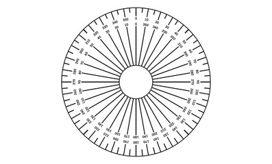 360 Degree Circular Protractor Diagram for Geometry, illustration of a full circle 360-degree protractor with precise markings for measuring angles, directions. Ideal for math, geometry, engineering