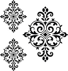 Ornamental floral cross motif set, symmetrical swirl design, black vector embellishment for textile, wallpaper, architecture, and decorative graphic layout