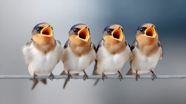 Four vibrant songbirds perched on a wire, singing harmoniously with open beaks, showcasing their colorful plumage and lively expressions in a serene outdoor setting, capturing the essence of nature's