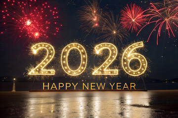 Glowing “2026” digits with “HAPPY NEW YEAR” text over fireworks and water reflections—vibrant night scene radiating festivity, excitement, and future joy. generative ai
