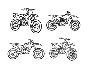 Fototapeta premium Dynamic black and white line art illustrations showcasing various robust off-road motorcycles, perfect for extreme sports enthusiasts and graphic design projects seeking a rugged adventure theme