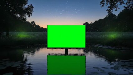 A large green screen billboard stands in a calm body of water at night, reflecting the trees and twilight sky with faint firefly lights