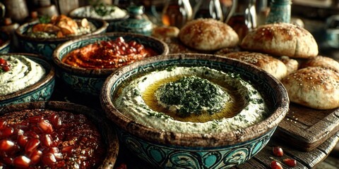 Fototapeta premium Mediterranean Dips Platter Featuring Tzatziki, Baba Ganoush, and Muhammara
