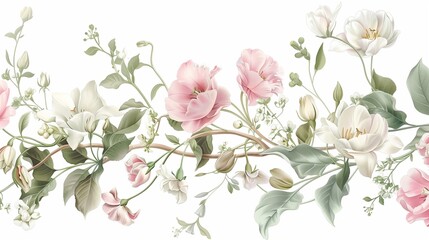 Delicate watercolor floral border with elegant pink and white blooms, perfect for refined design projects