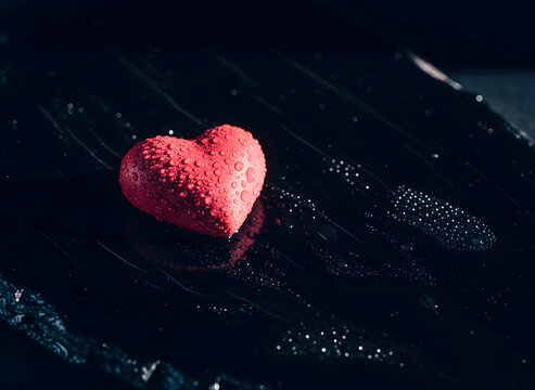 A miniature red heart placed on a sleek, black obsidian surface, tiny water beads clinging to it, dramatic side lighting, casting long shadows, evoking a sense of mystery. - Powered by Adobe
