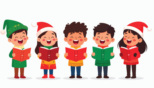 Five children singing Christmas carols, joyfully holding songbooks, dressed festively.