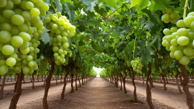 Grapes hanging in rows on vines in expansive vineyard. Bright daylight shines through green leaves. Concept of agriculture, winery, sustainable farming