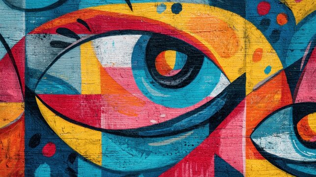 Vibrant graffiti wall featuring abstract eye design with bold colors showcasing artistic expression in an urban setting