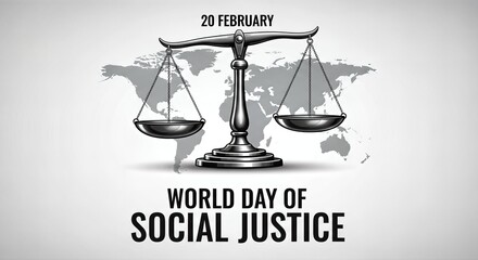 World Day of Social Justice celebrated on February 20th with scales of justice superimposed on a world map.
