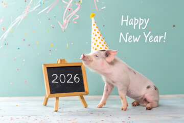Pig in polka-dot party hat beside “2026” chalkboard on teal with confetti—festive, cheerful scene blending cuteness, celebration, and seasonal joy. generative ai