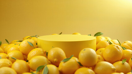 Minimalist yellow podium surrounded by fresh lemons  vibrant citrus background for product display or advertising concept.