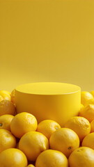 Minimalist yellow podium surrounded by fresh lemons  vibrant citrus background for product display or advertising concept.