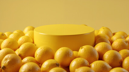 Minimalist yellow podium surrounded by fresh lemons  vibrant citrus background for product display or advertising concept.