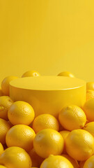 Minimalist yellow podium surrounded by fresh lemons  vibrant citrus background for product display or advertising concept.