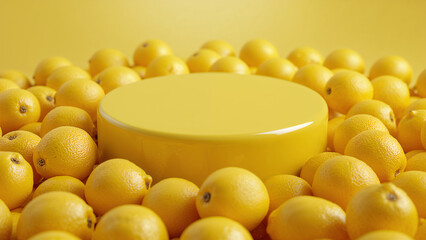 Minimalist yellow podium surrounded by fresh lemons  vibrant citrus background for product display or advertising concept.