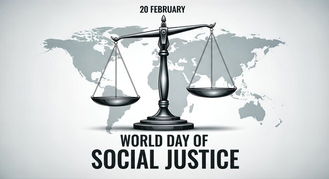 Symbolic scales of justice balance global equality and fairness on World Day of Social Justice celebrated February 20th worldwide
