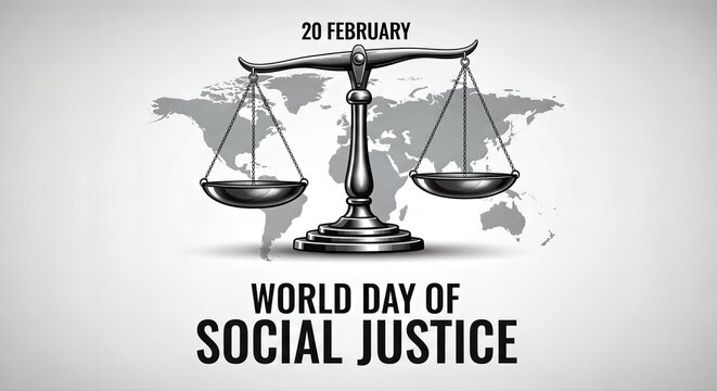 World Day of Social Justice celebrated on February 20th with scales of justice superimposed on a world map.