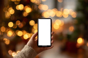 person holding smartphone with holiday sale app screen, glowing interface, bokeh christmas lights background, e-commerce concept, digital technology theme, modern stock image, warm tone photography