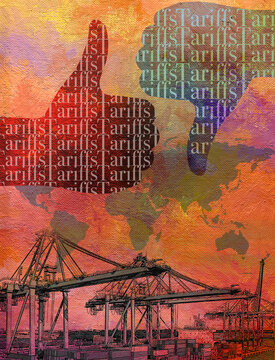 Global trade tariffs thumbs up and down over container port