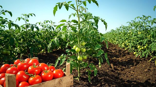 Glistening red tomatoes piled in a rustic wooden crate after harvest, fresh and ripe amid sunlit rows of plants in a countryside field under a clear blue sky