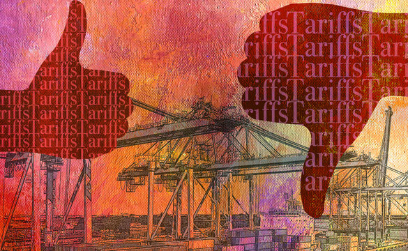 Trade tariffs thumbs up and down over container port