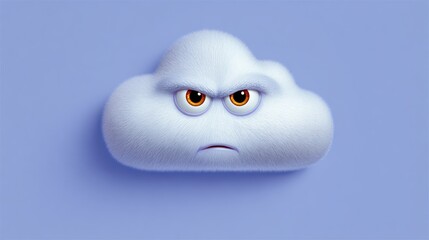 Obraz premium Cartoon illustration of an angry cloud character with expressive eyes, featuring a fluffy texture and a frowning mouth, set against a soft blue background, conveying a humorous and whimsical atmospher