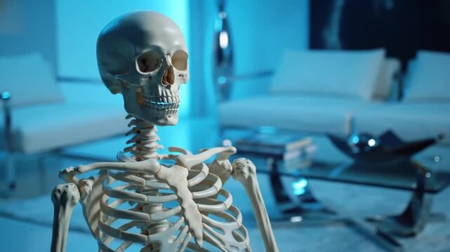 A detailed human skeleton sits on a couch in a modern room, a concept about the cycle of life. The lighting creates a somber yet intriguing atmosphere. 